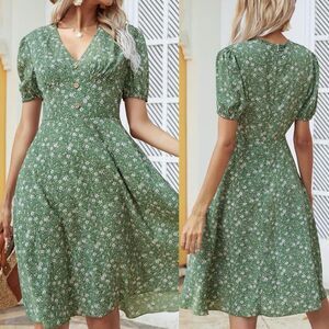 Green Floral midi dress v neck button front puff sleeve feminine Dress boho S